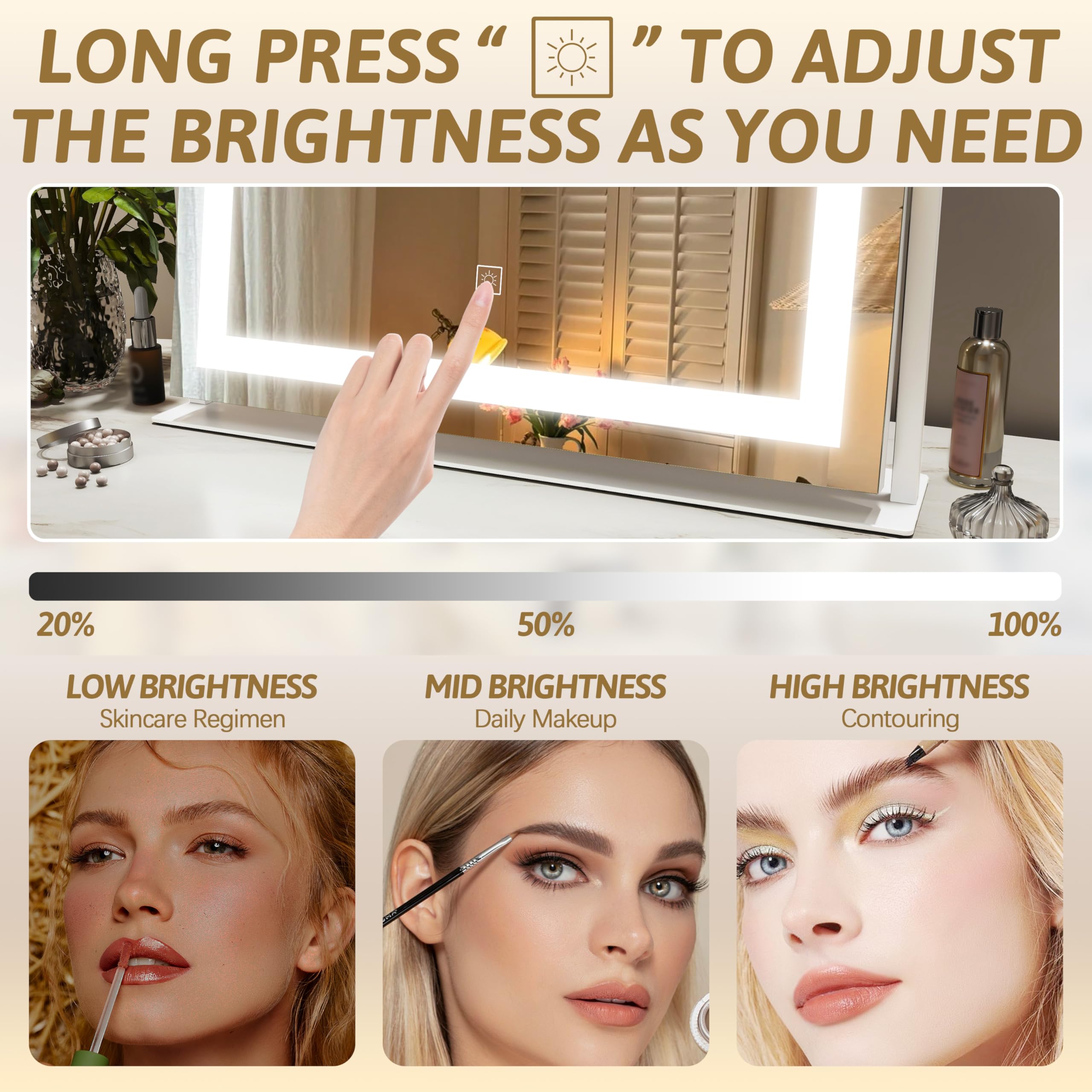 ROLOVE vanity mirror offers warm, daylight, and cool dimmable tones.