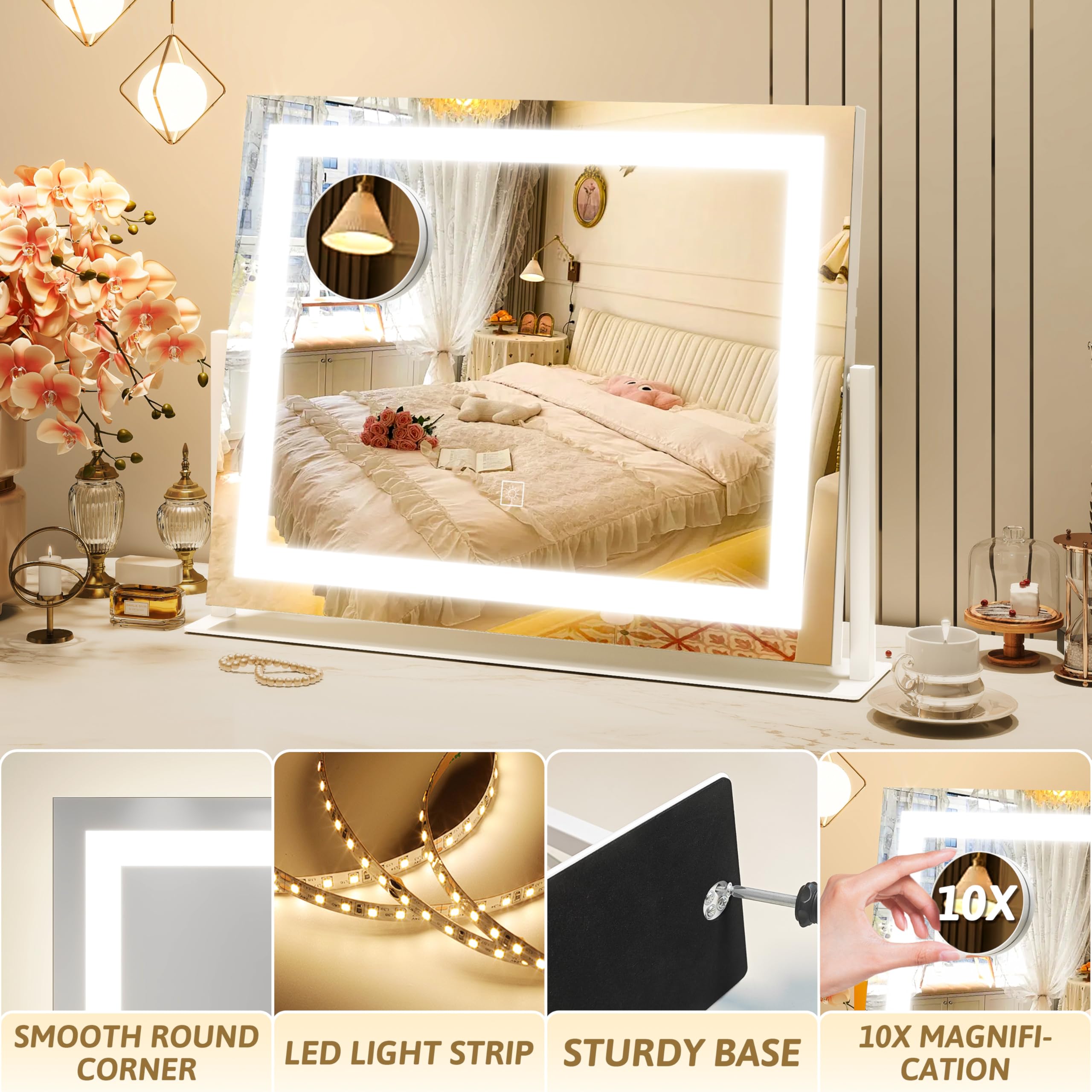 ROLOVE vanity mirror 360-degree rotation lets you switch angles effortlessly.