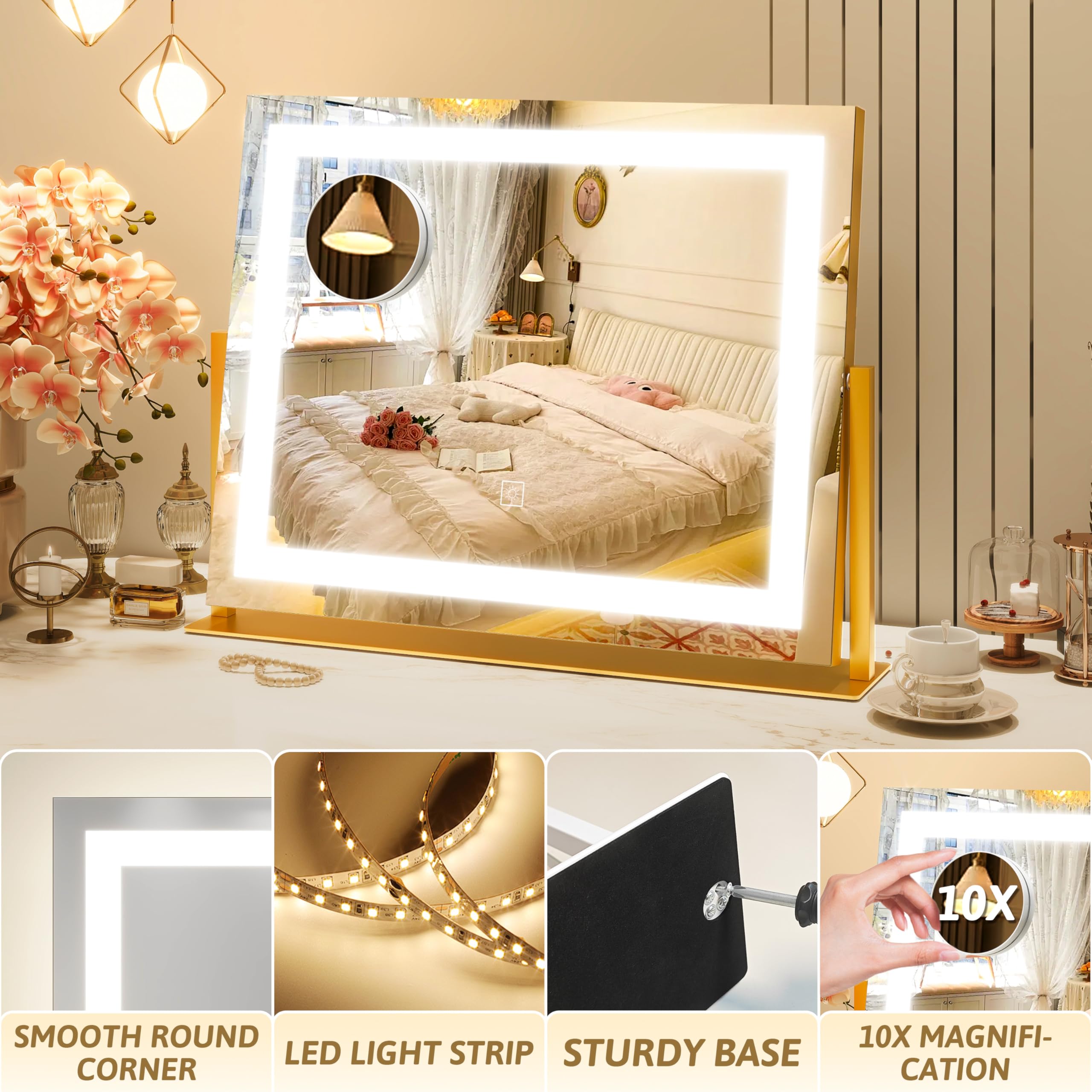 ROLOVE vanity mirror 360° rotation enables flexible angles during makeup application.