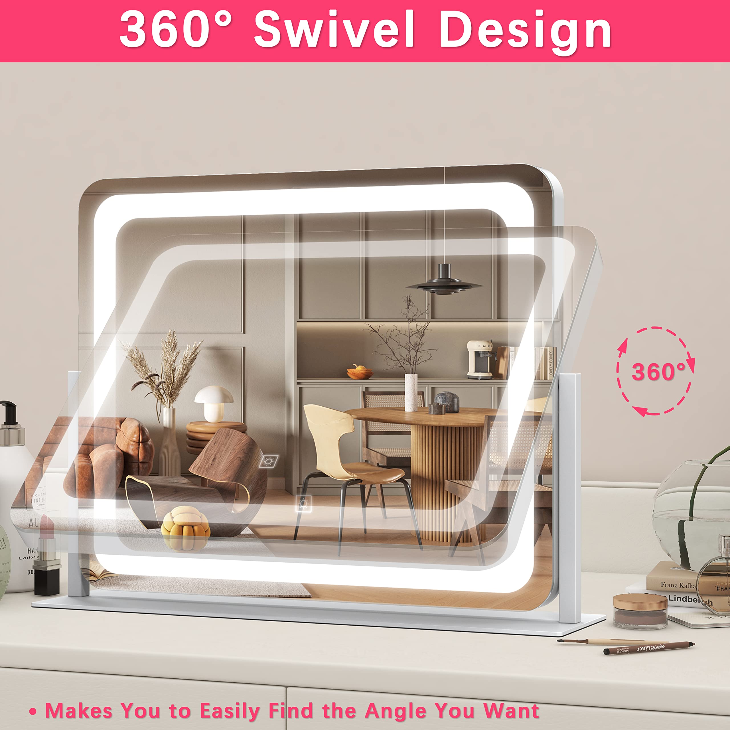 ROLOVE aluminum frame vanity mirror highlighting durable, stylish construction