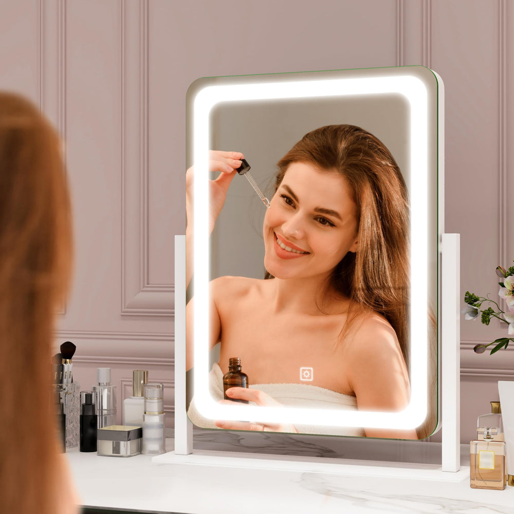 ROLOVE vanity mirror with dimmable lighting showing warm, cool, and natural tones