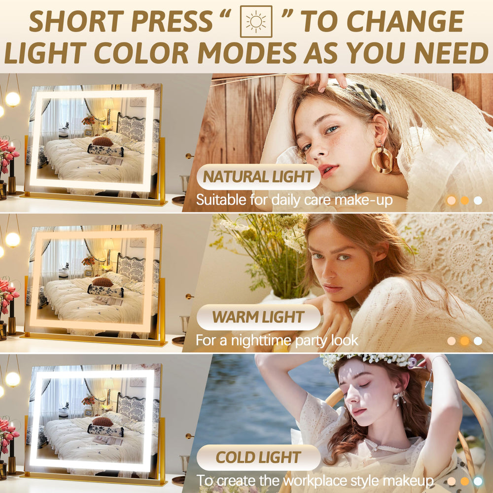 ROLOVE vanity mirror dimmable lighting offers warm, daylight, and cool options for varied looks.