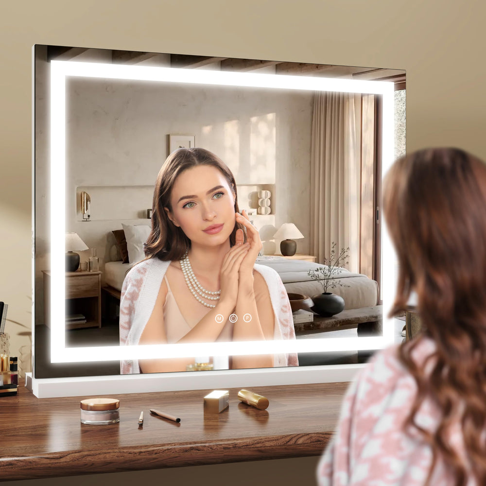 ROLOVE vanity mirror dressing-room setup supports a comprehensive beauty routine.