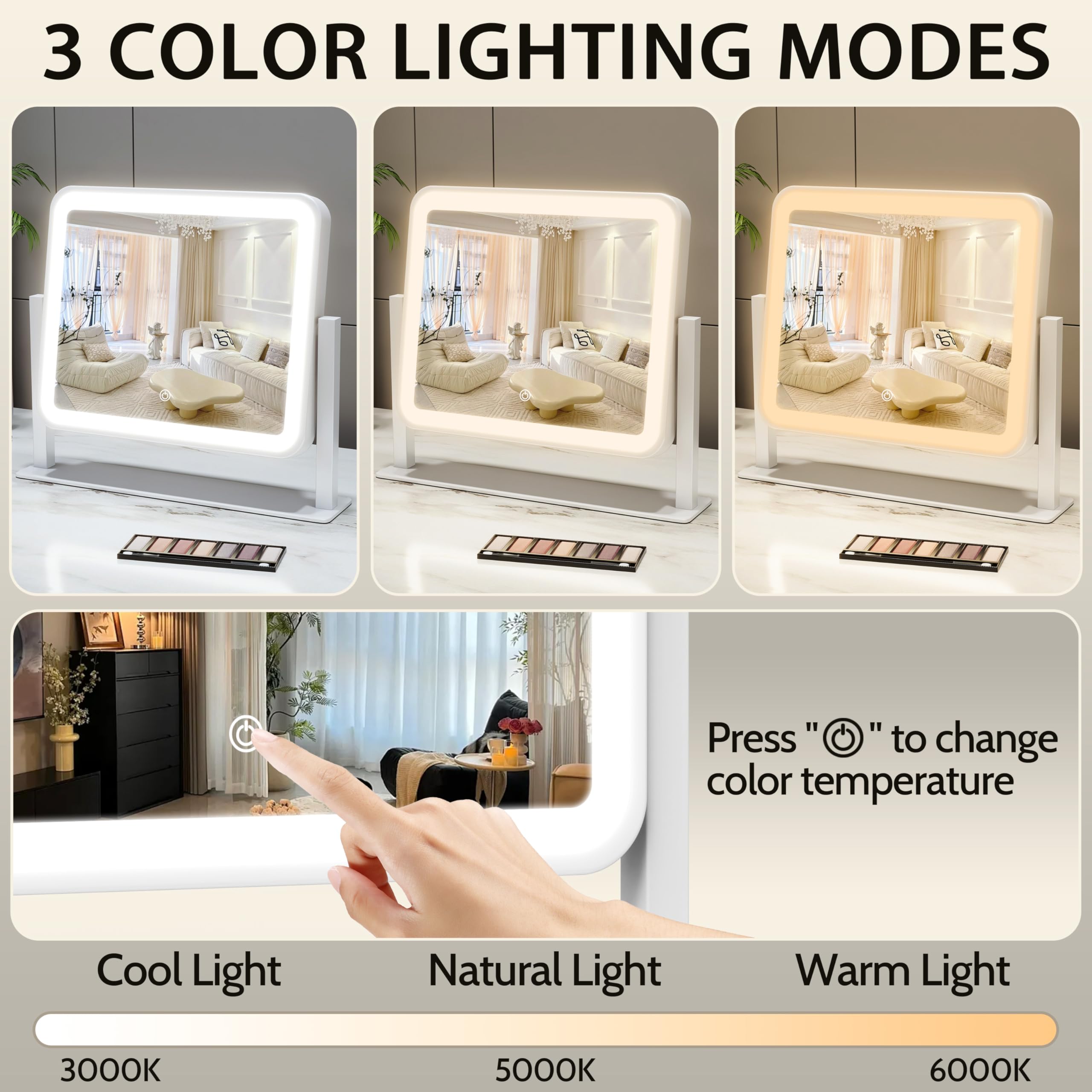 ROLOVE mirror with three color modes for day to night looks