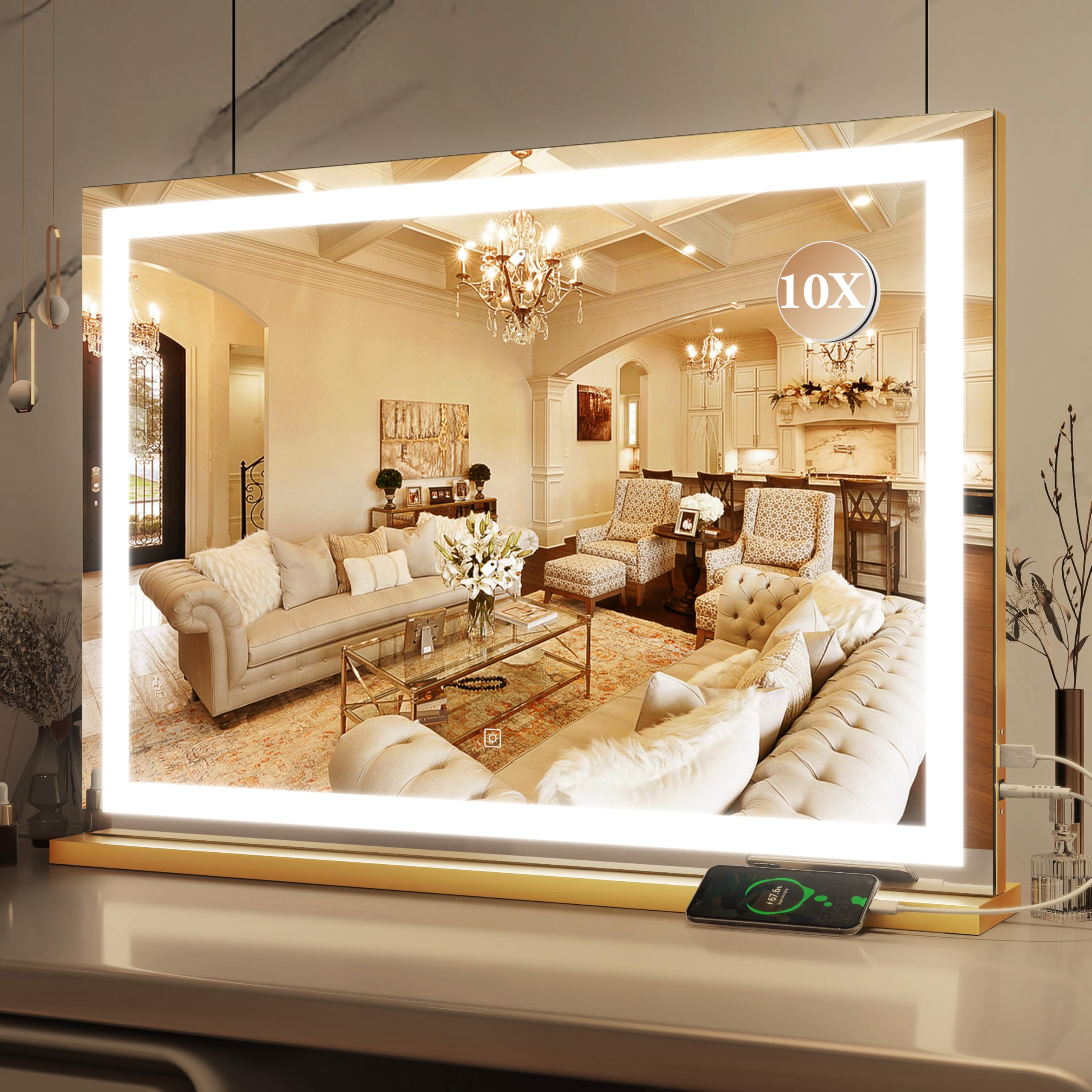 ROLOVE vanity mirror lights with 32x22 tabletop view for precise makeup application