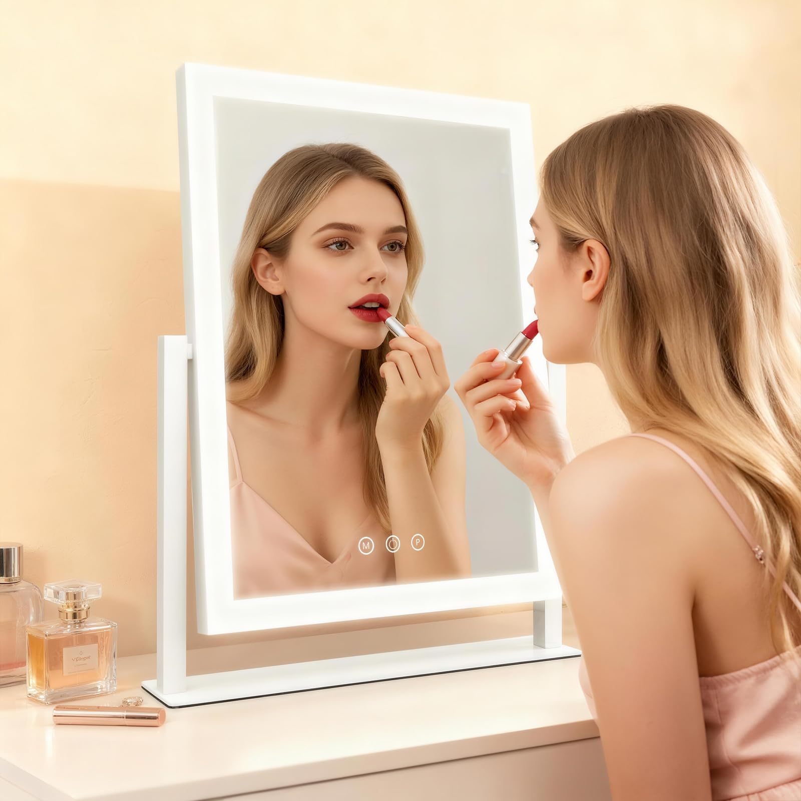 ROLOVE vanity mirror rotation-angle image demonstrates sturdy aluminum base for stable desk placement.