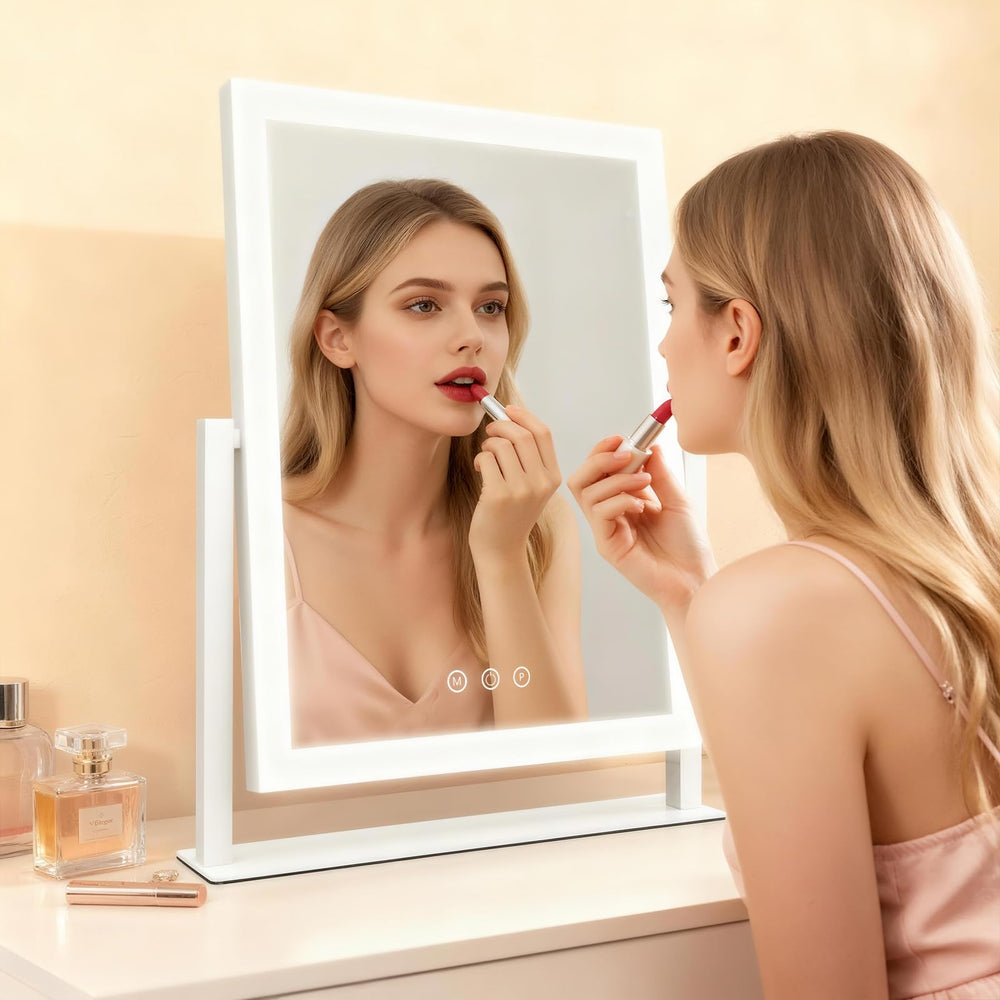 ROLOVE vanity mirror rotation-angle image demonstrates sturdy aluminum base for stable desk placement.