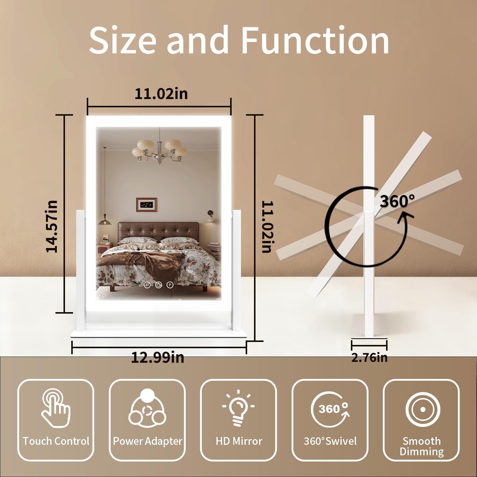 ROLOVE vanity mirror lights side view highlighting 360° rotation for flexible angle adjustments.