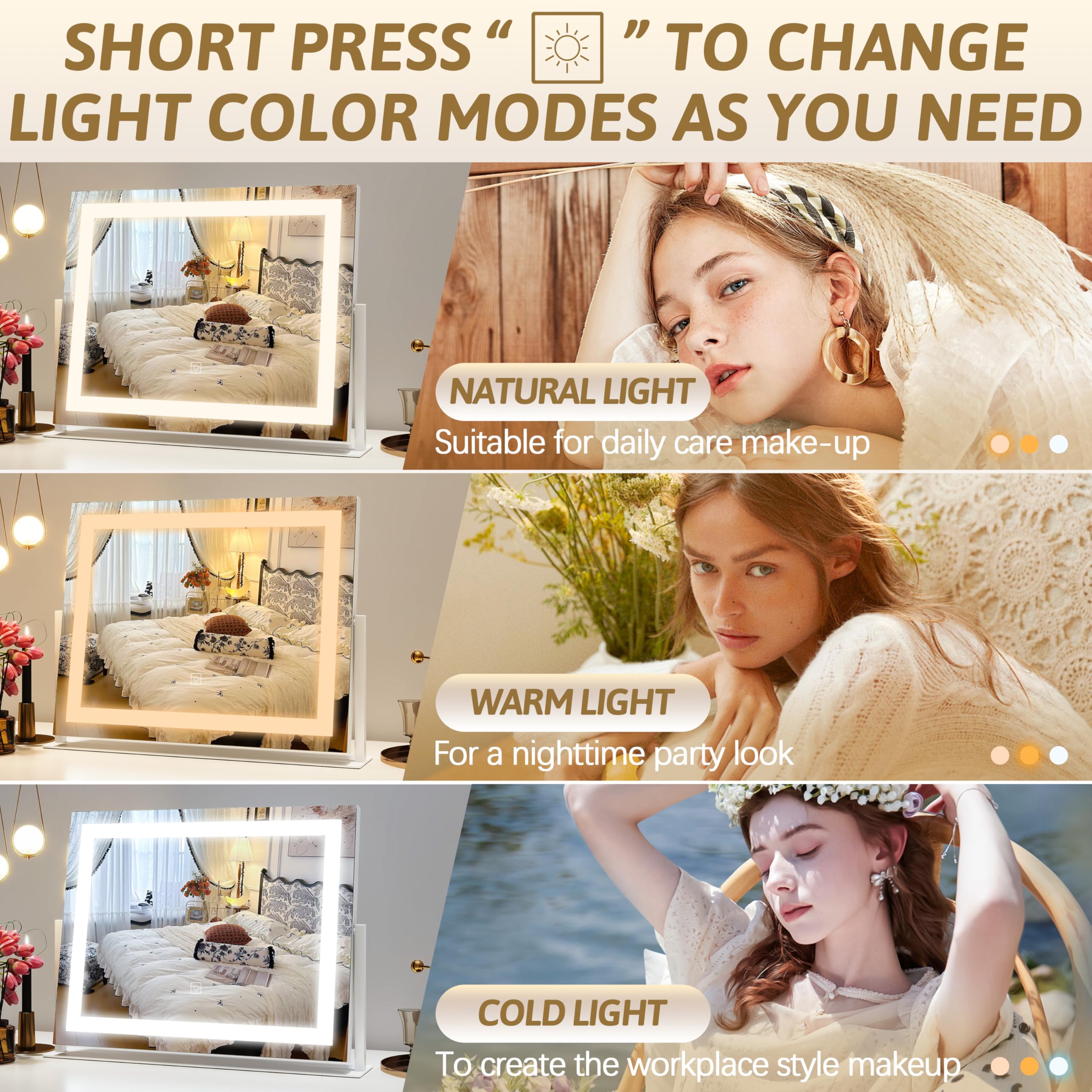 ROLOVE vanity mirror smart touch controls enable quick lighting adjustments.