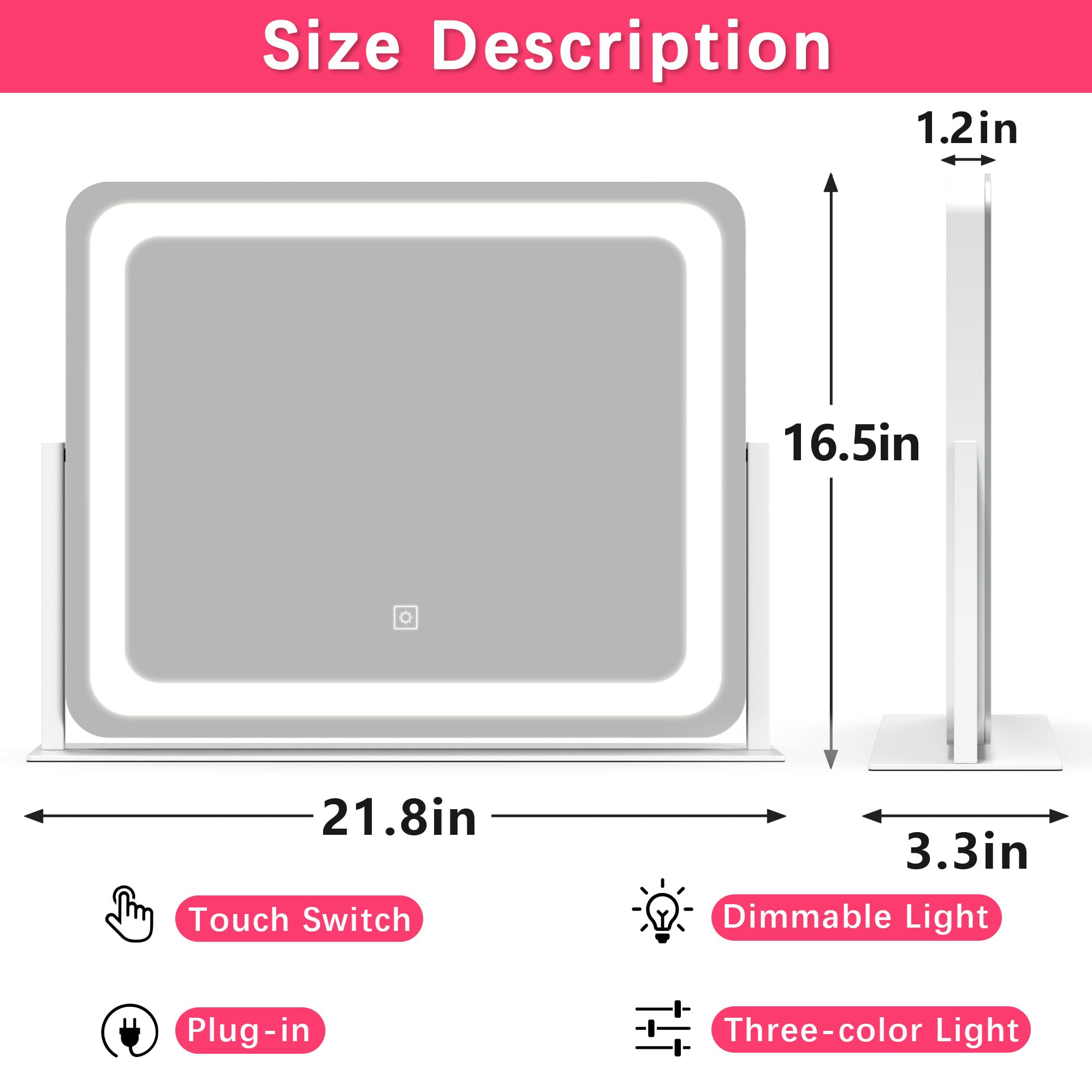 ROLOVE vanity mirror showing three color modes warm daylight cool for versatility