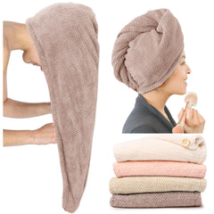 ROLSHOL pink pinstripe extra-large towel wrap in action for quick, comfortable hair drying.