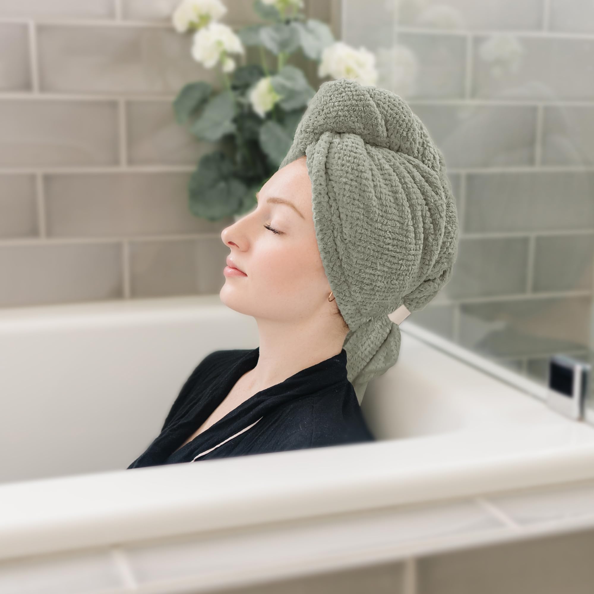 ROLSHOL hair towel elastic-band secure-wrap shows slip-free drying.