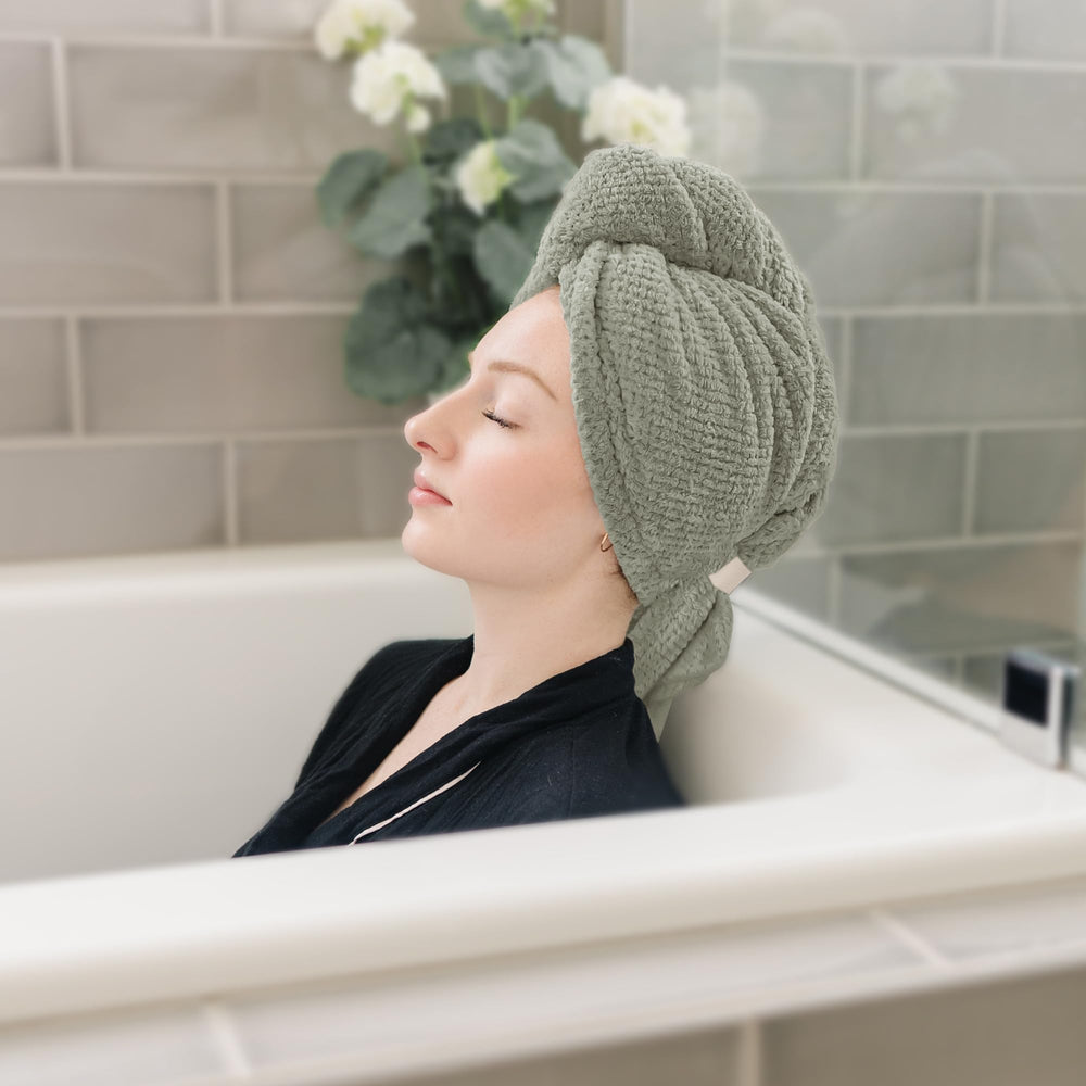 ROLSHOL hair towel elastic-band secure-wrap shows slip-free drying.