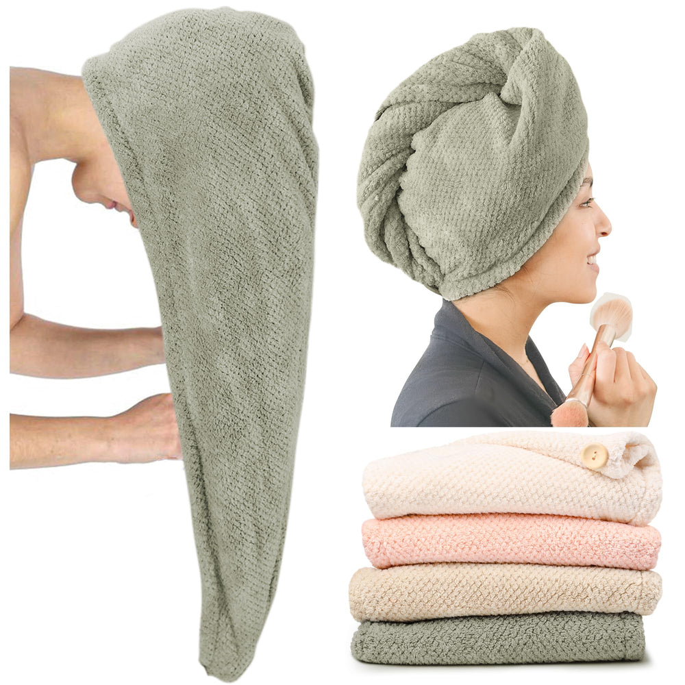 ROLSHOL extra-large towel wrap in green pinstripe with buckle for secure hair drying