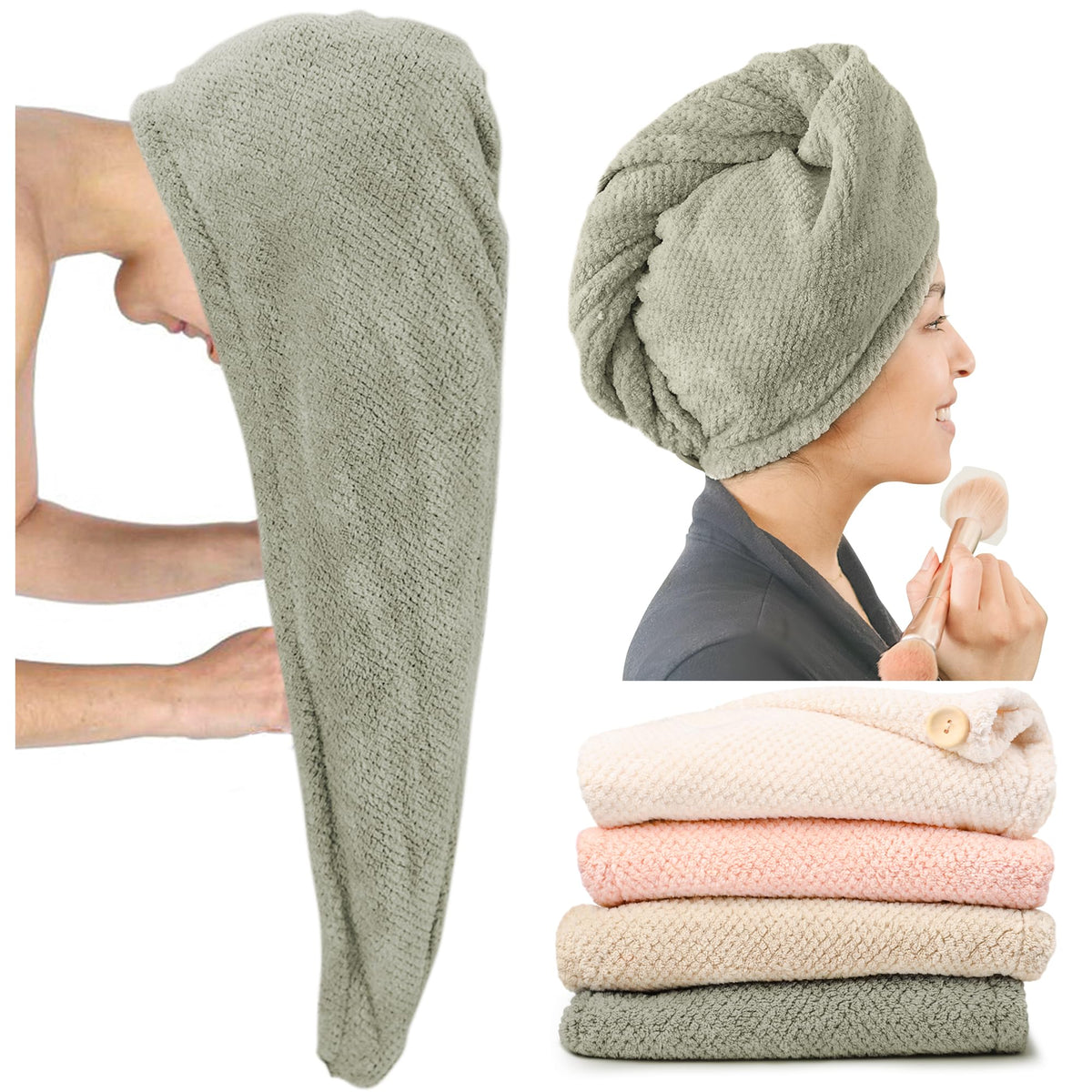 ROLSHOL extra-large towel wrap in green pinstripe with buckle for secure hair drying