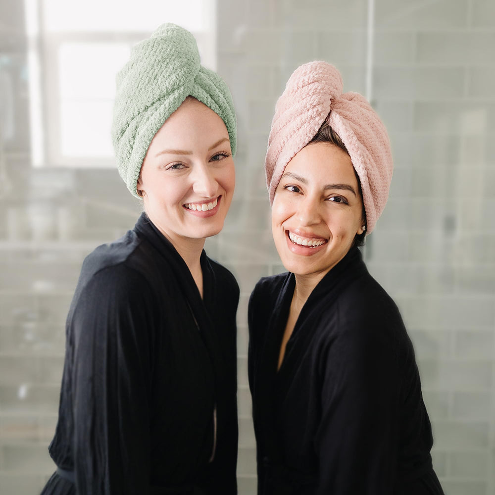 ROLSHOL hair towel wrap with wooden buckle keeps secure during routines.