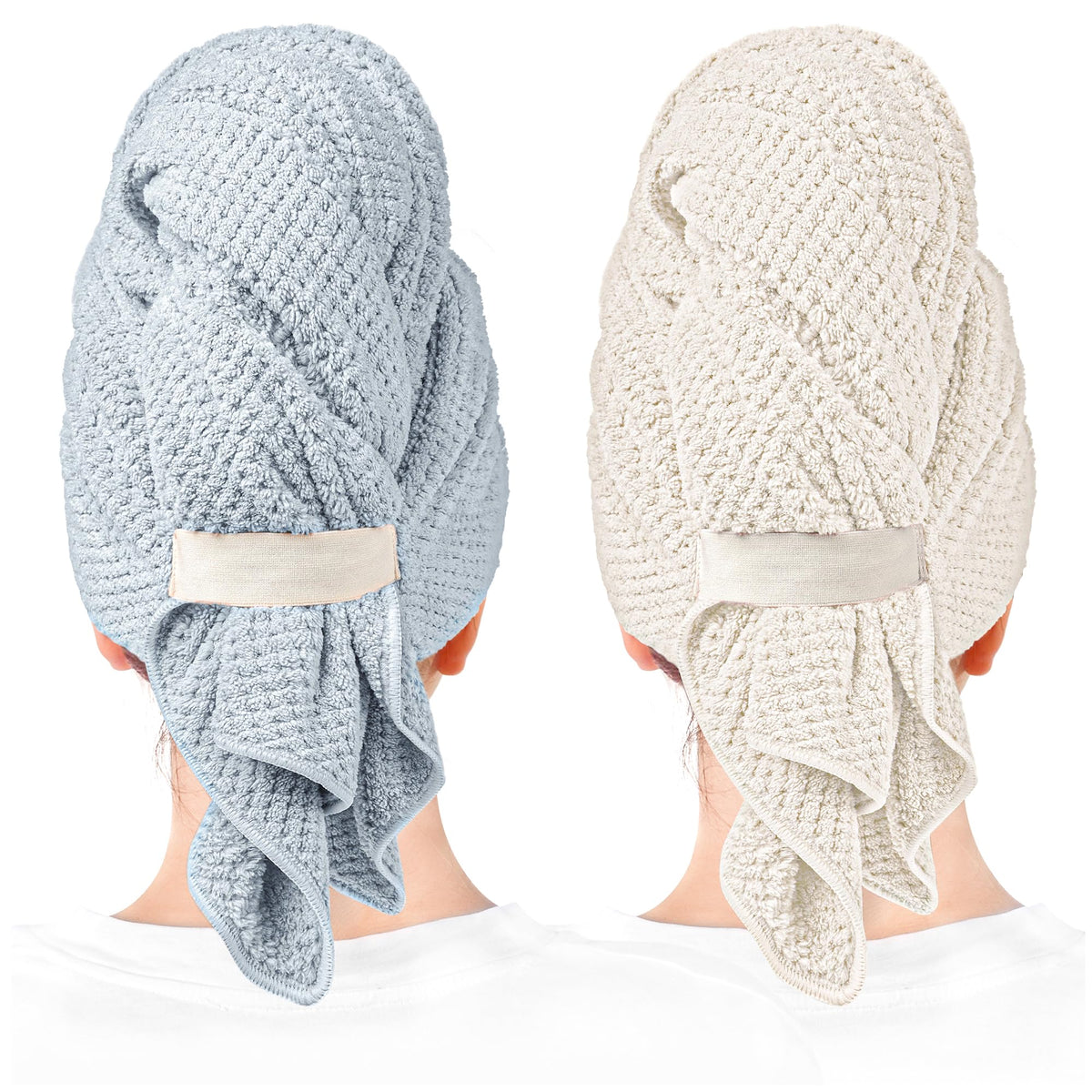 ROLSHOL large microfiber hair towel blue wrap demonstrates quick-dry convenience for curly hair.