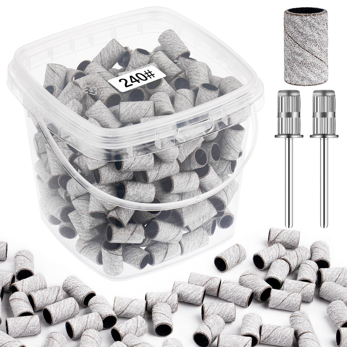 Rolybag sanding bands 240-grit extreme fine in bucket for easy storage and quick polish.