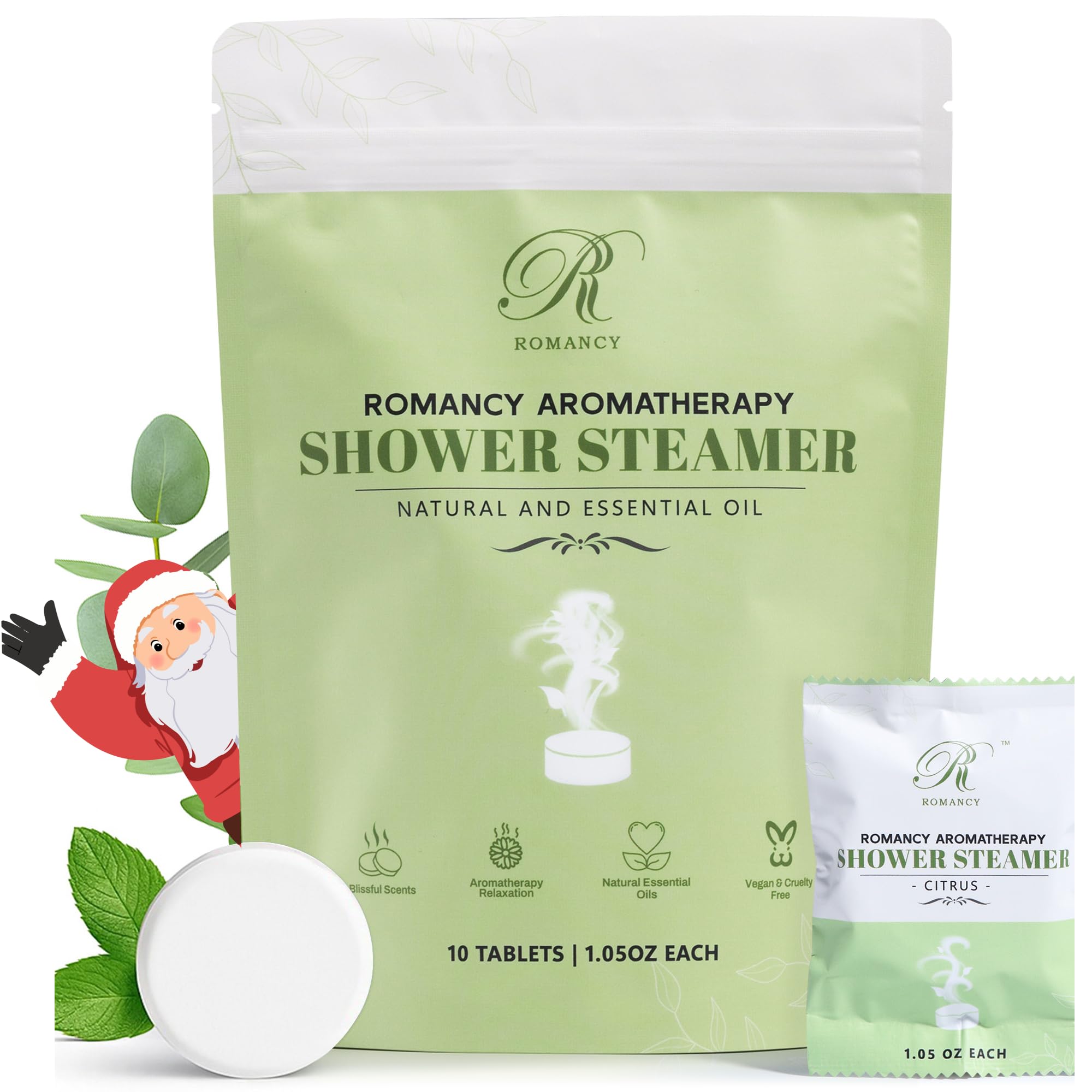 Romancy shower steamer 10-pack with eucalyptus, mint, citrus boosts a refreshing, spa-like shower experience.