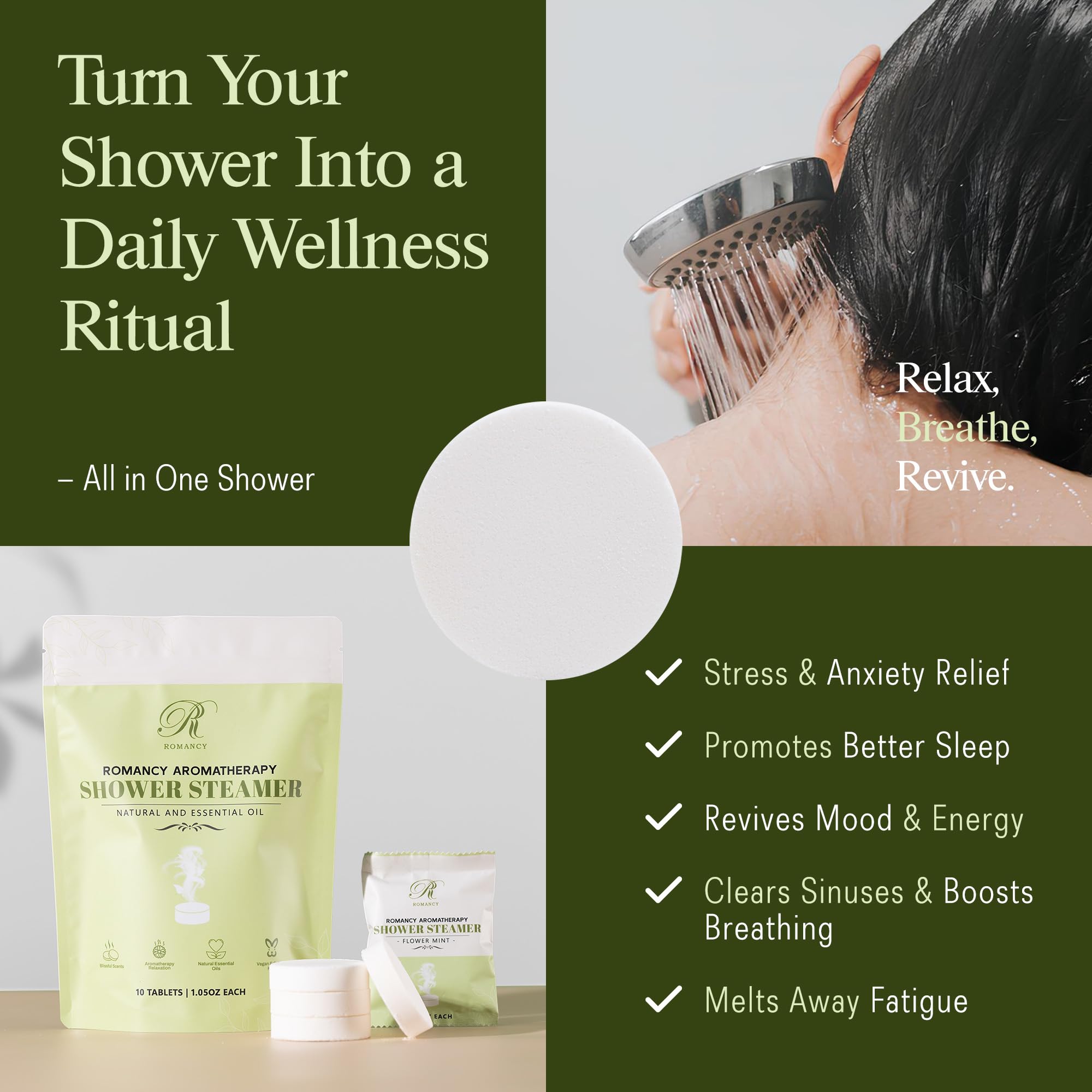 Romancy travel-size shower steamer pack ideal for vacations and business trips.