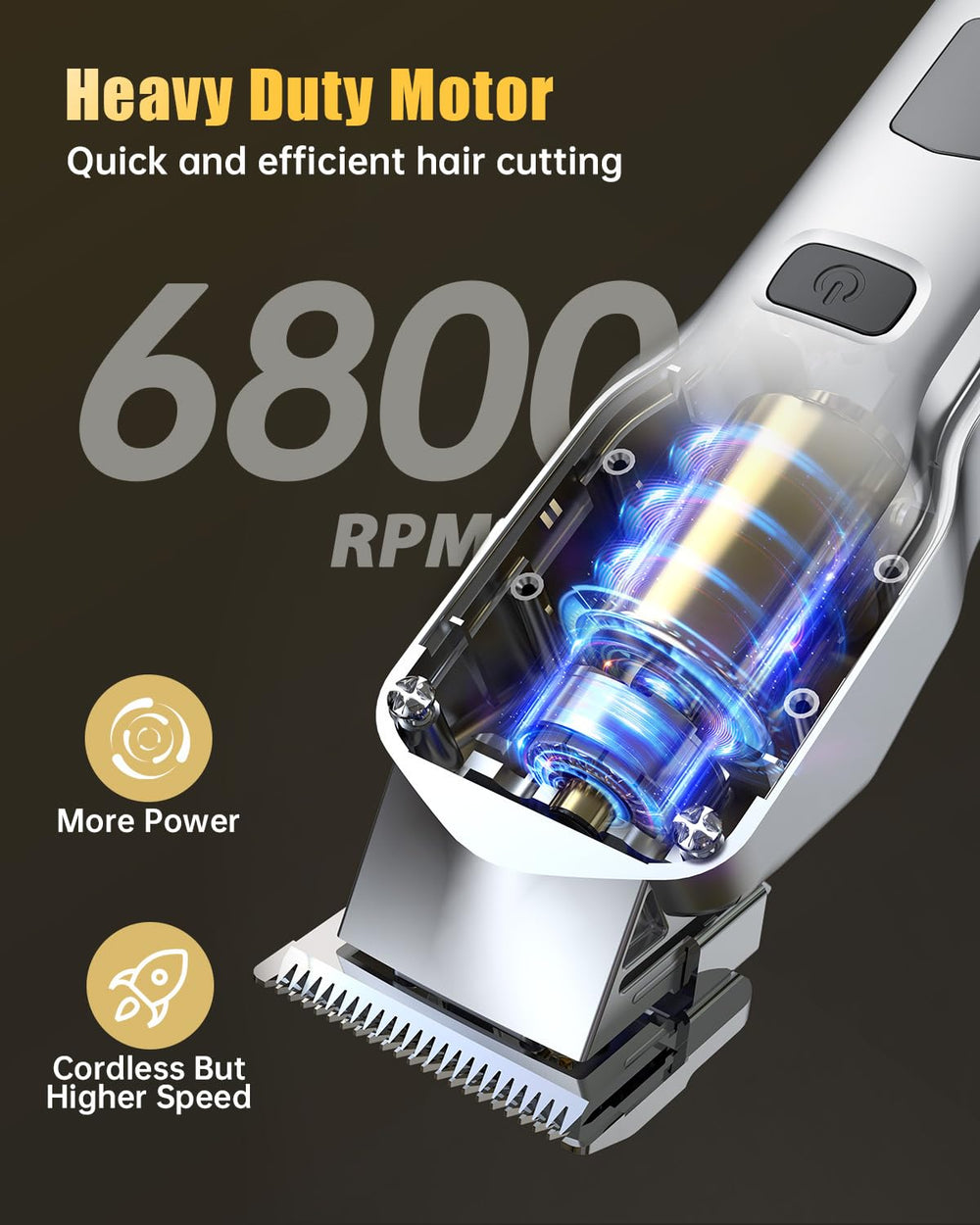 Romanda clipper motor 6800rpm powers through thick hair.