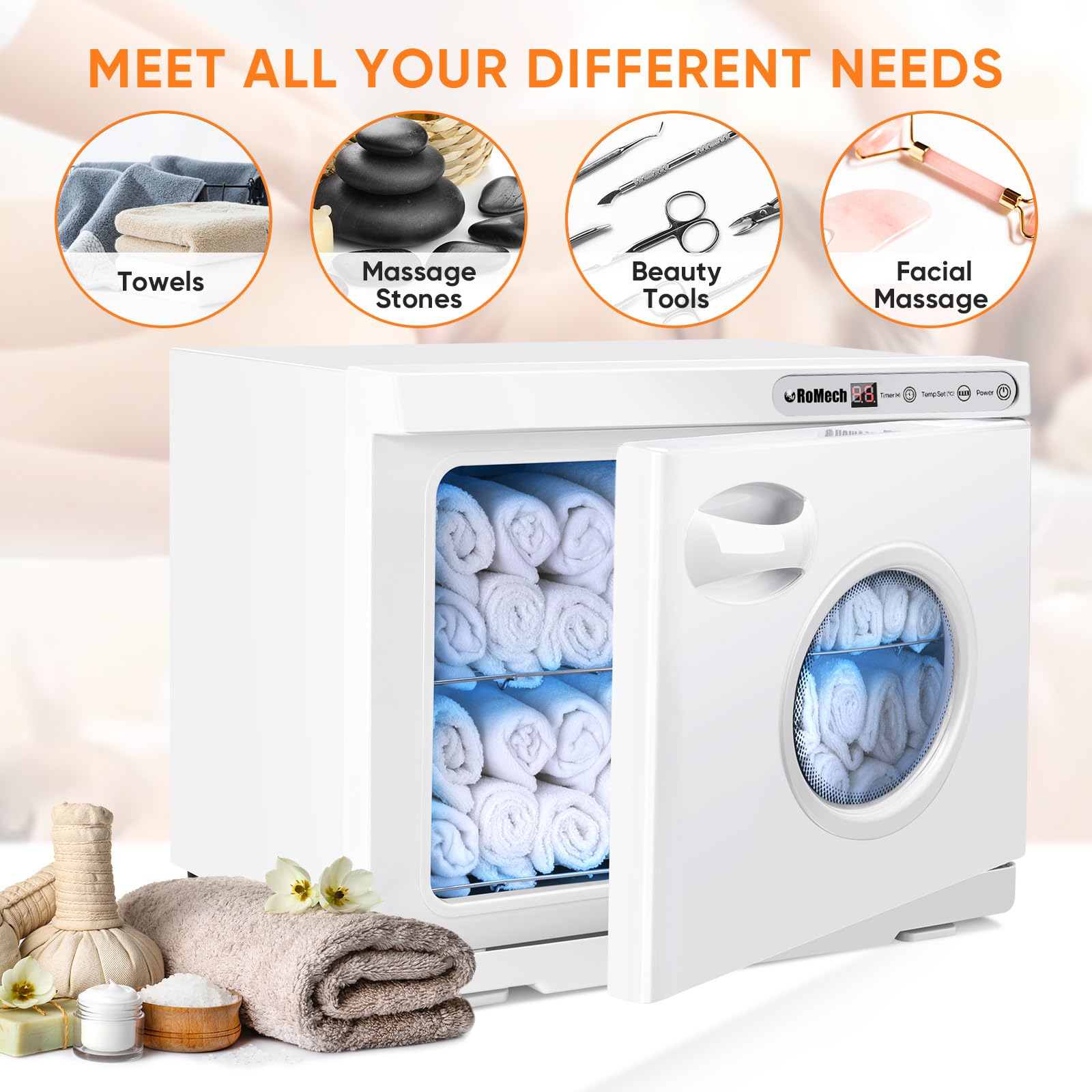ROMECH 23L towel warmer cabinet racks detail shows two shelves for towels.