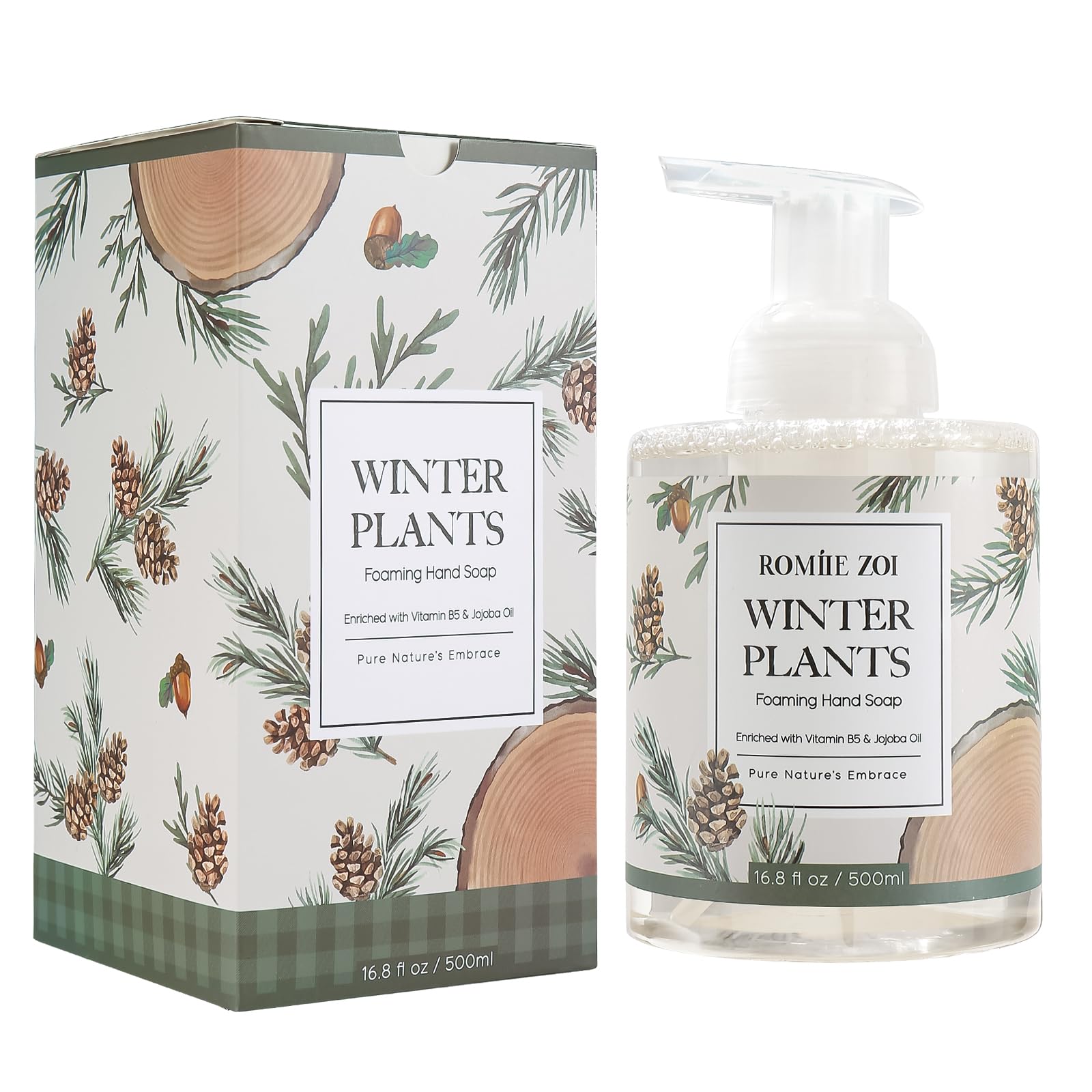 ROMIIE ZOI winter-pine-bottle-front: festive hand soap bottle showing winter pine scent for holiday freshness