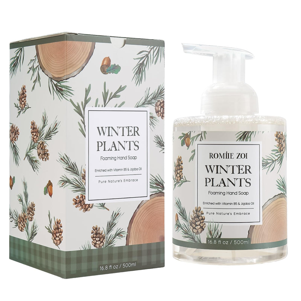 ROMIIE ZOI winter-pine-bottle-front: festive hand soap bottle showing winter pine scent for holiday freshness