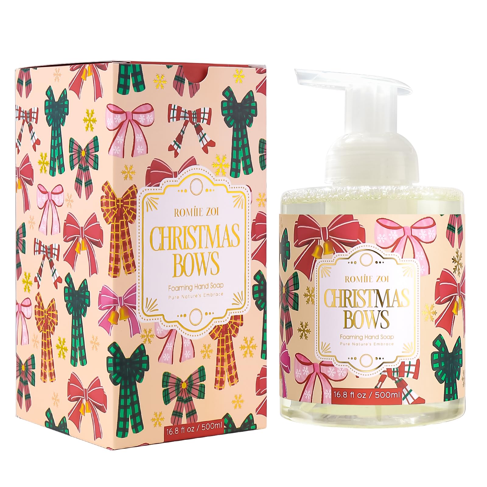 ROMIIE ZOI Christmas foaming hand soap bottle showcases festive scent and creamy lather.