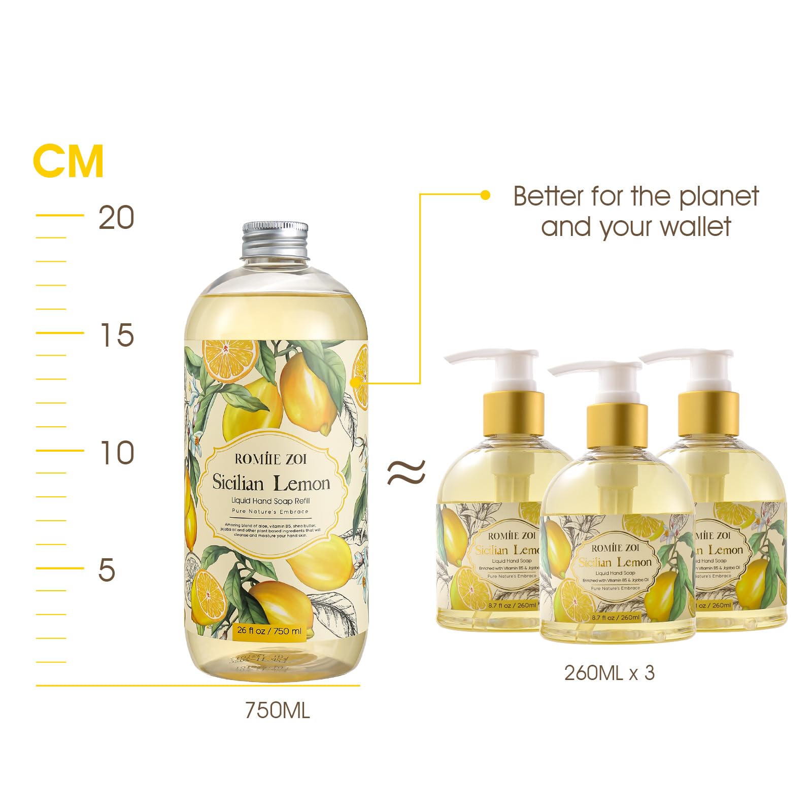 ROMIIE ZOI bathroom-dispenser image suggests refreshing lemon scent for a clean, inviting sink area