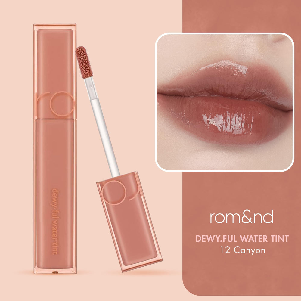 rom&nd DEWY·FUL WATER TINT 12 CANYON lip-swatches show hydration-friendly shine.