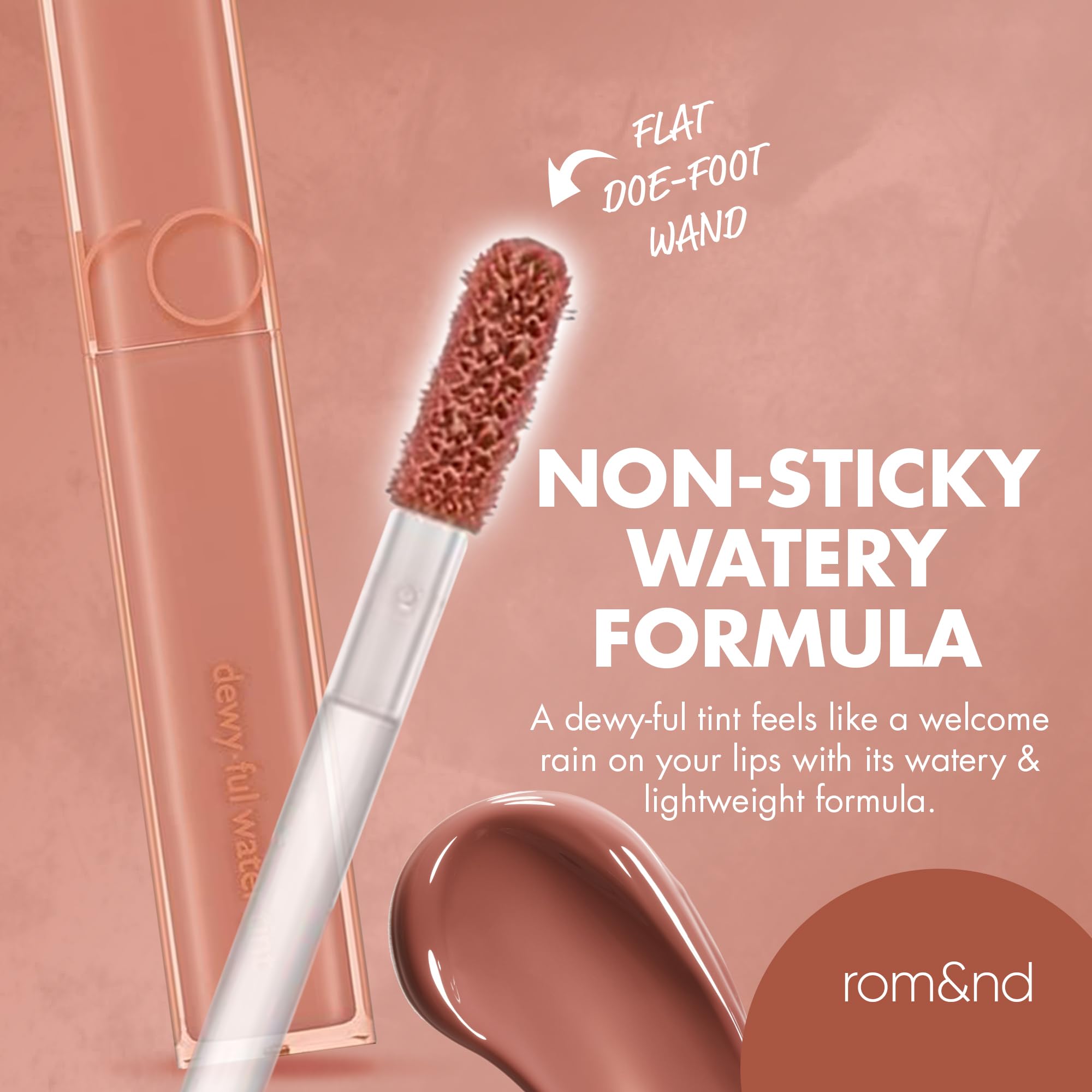 rom&nd DEWY·FUL WATER TINT 12 CANYON packaging on display evokes premium rom&nd design.