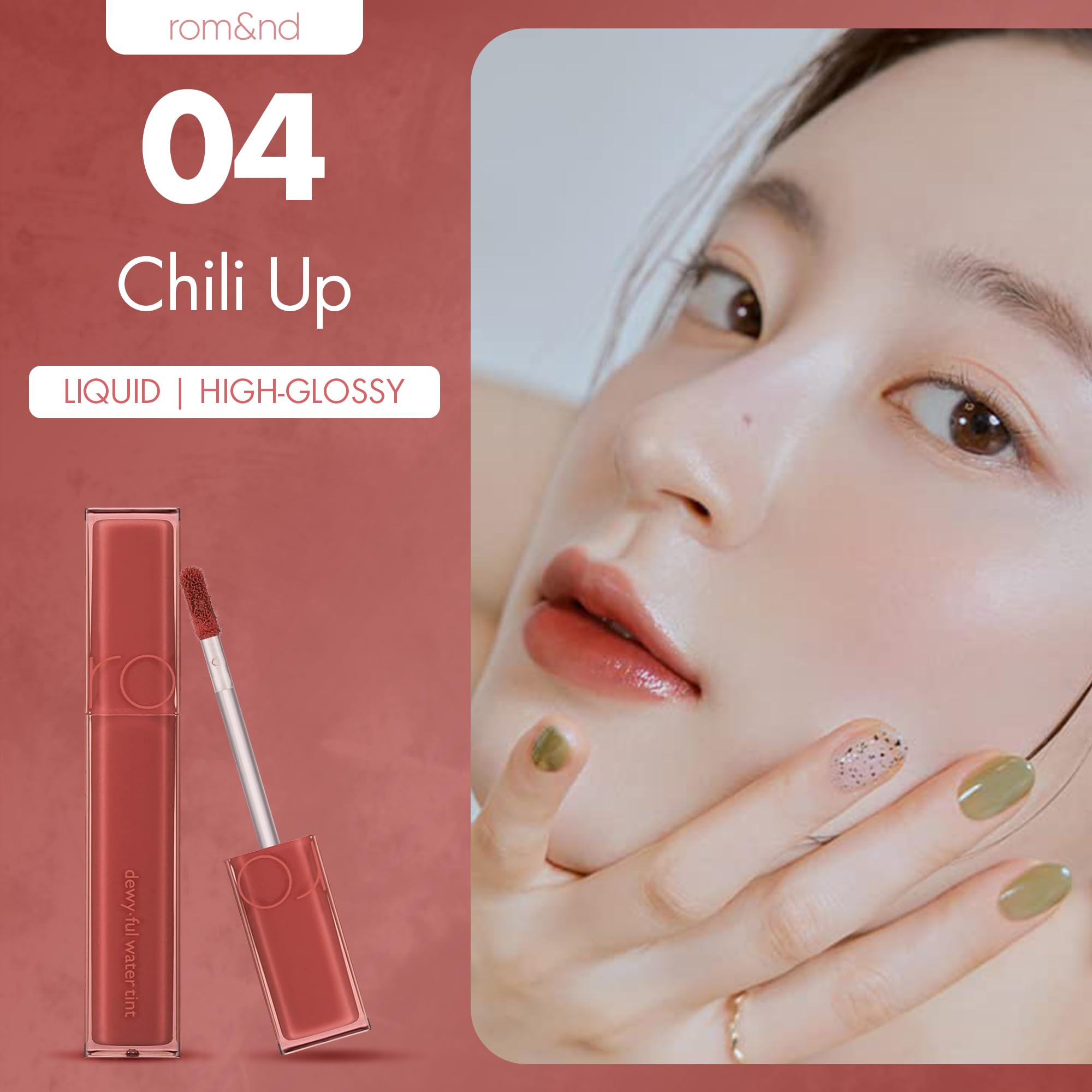 romnd dewy-ful water tint 04 chili up applied swatches with vibrant color payoff