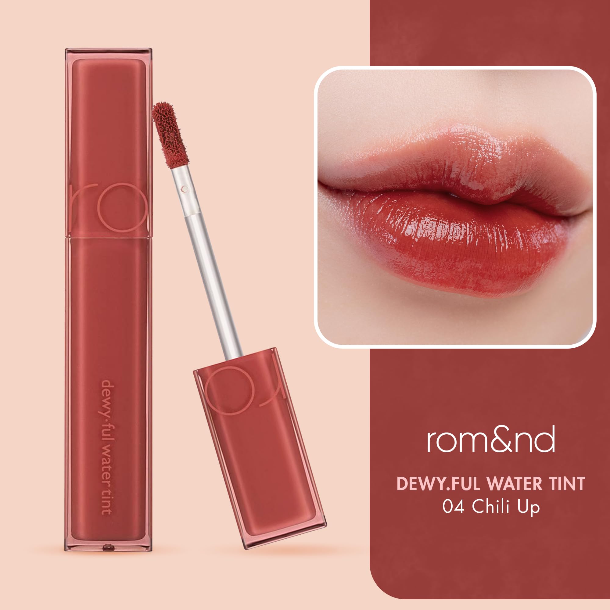 romnd dewy-ful water tint 04 chili up lip glow detail with high shine