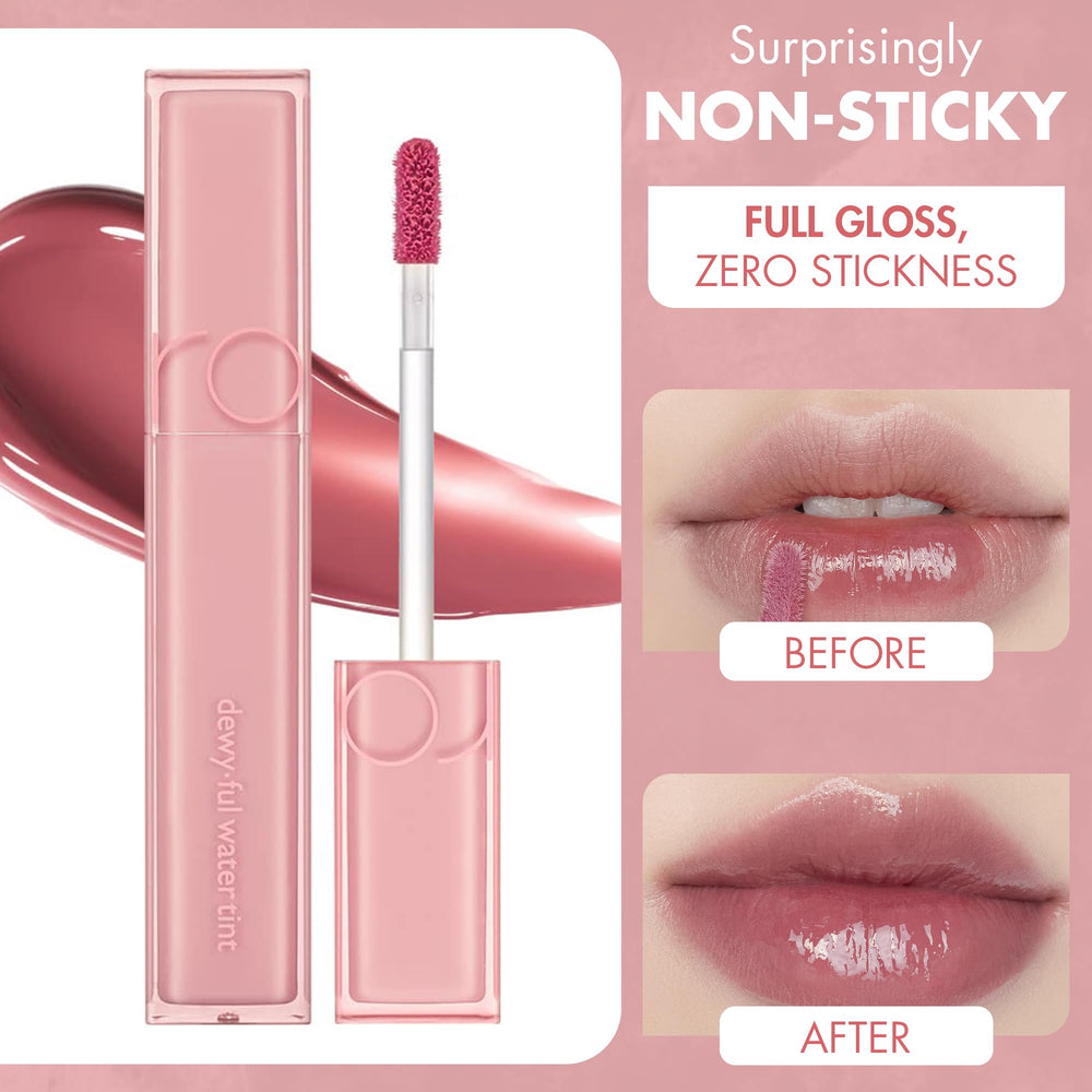 rom&nd DEWY·FUL Water Tint 13 Custard Mauve lips closeup with hydrated shine