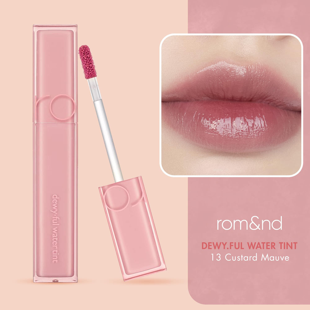 rom&nd DEWY·FUL Water Tint 13 Custard Mauve swirls show buildable color