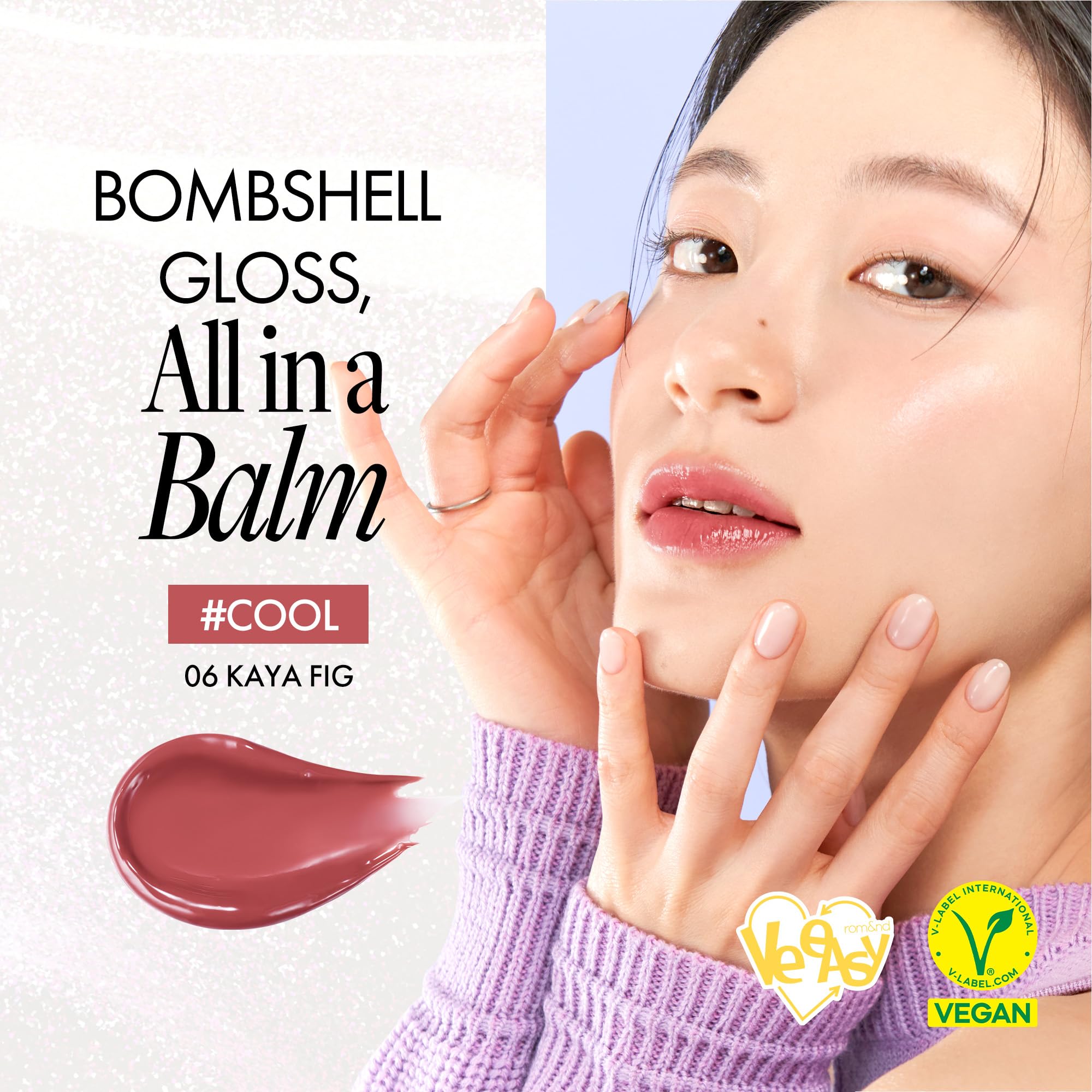 romnd Glasting Melting Balm high-shine gloss on lips demonstrates glass-like finish