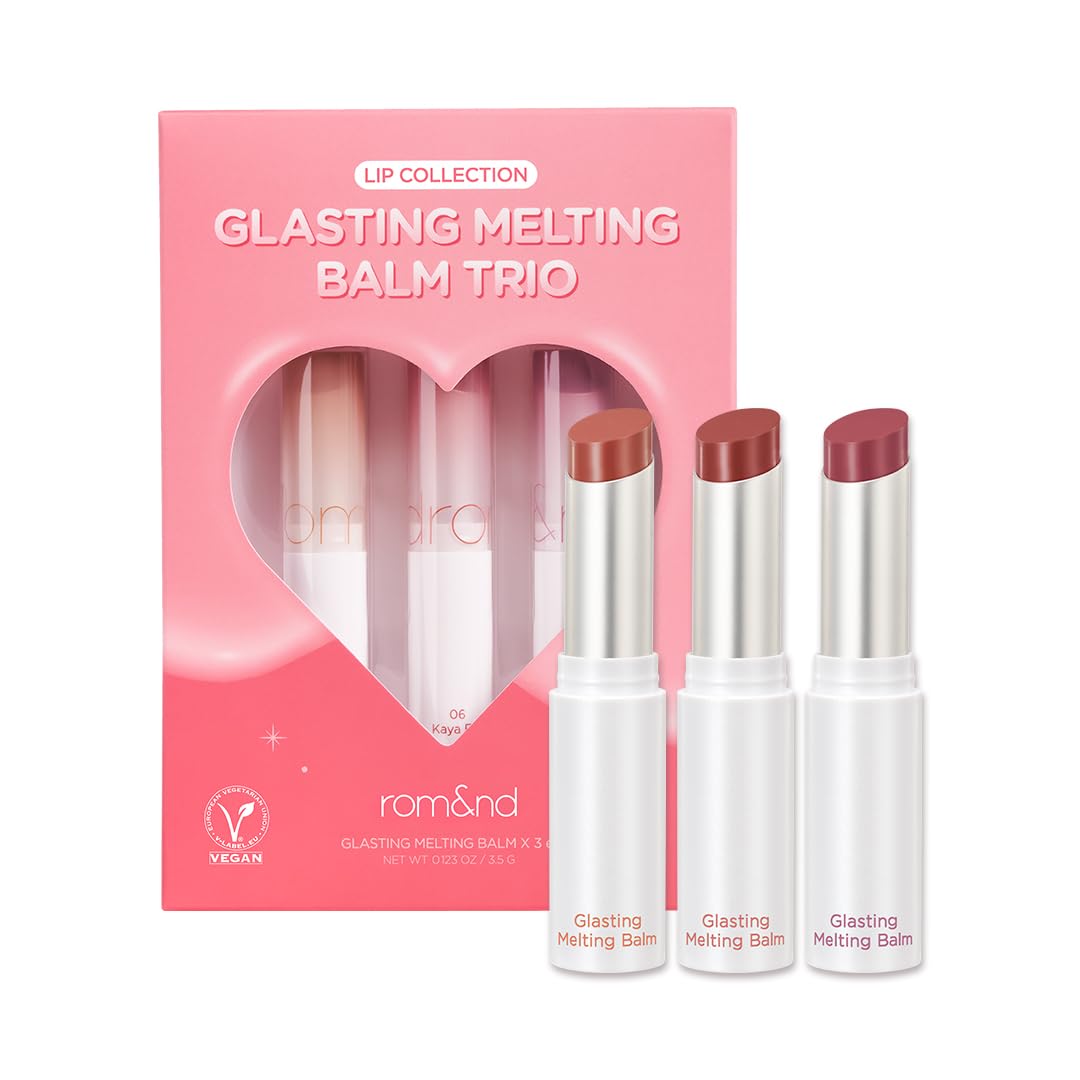rom&nd Glasting Melting Balm Trio packshot showing crystal shine and hydrating formula for everyday lips.