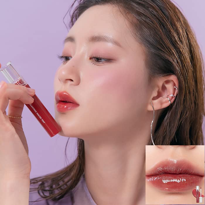 rom&nd Glasting Water Tint Rose Stream swatches highlight glossy finish and moisturizing comfort.