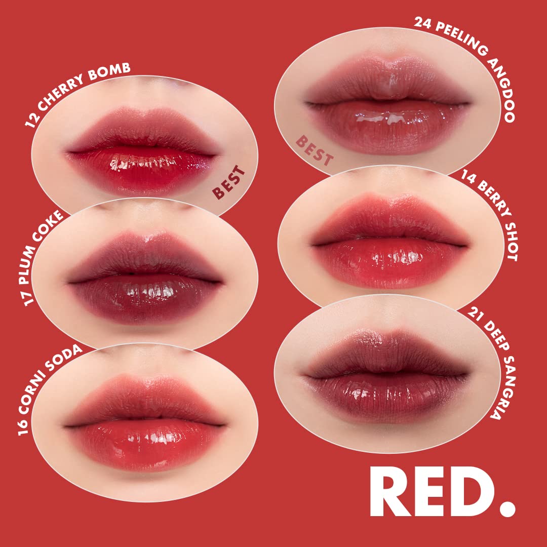 rom&nd Juicy Lasting Tint 16 Corni Soda color-show on lips for vibrant wear.