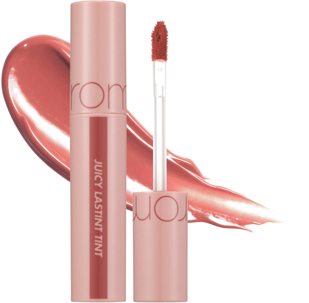 rom&nd JUICY LASTING TINT #23 NUCADAMIA lip swatches close-up for buildable color