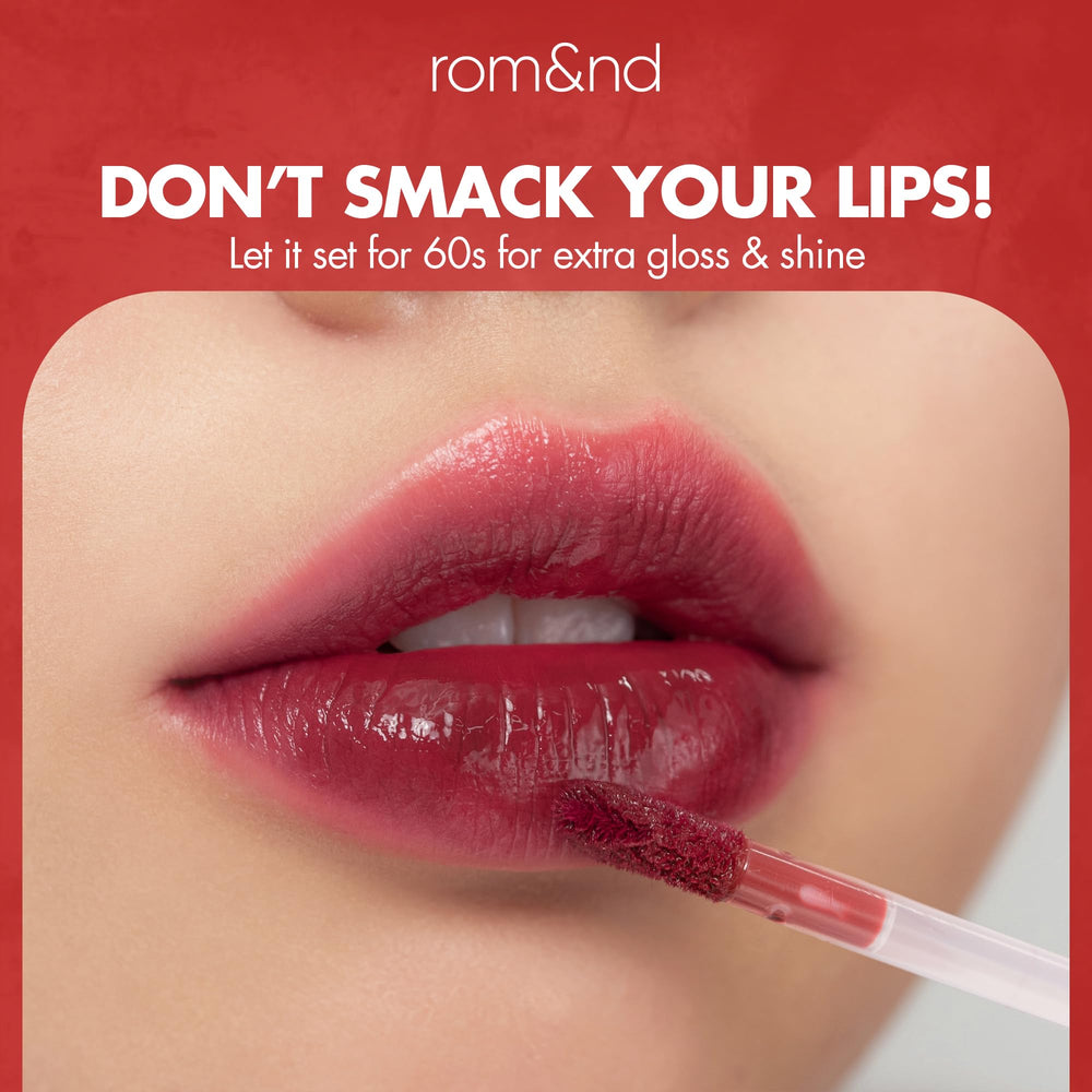 romnd Juicy Lasting Tint Plum Coke swatches showing buildable cool-toned berry