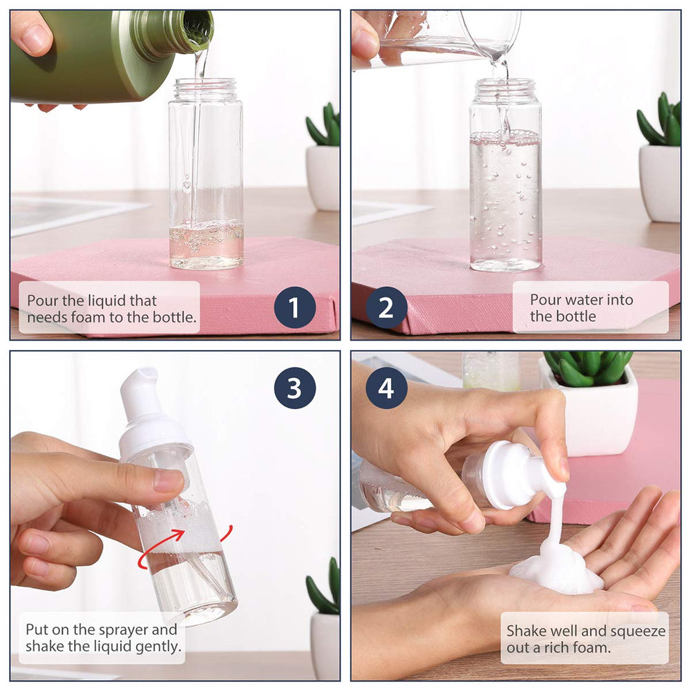 ROMROC foam bottle used for lash shampoo demonstrates gentle foaming application.