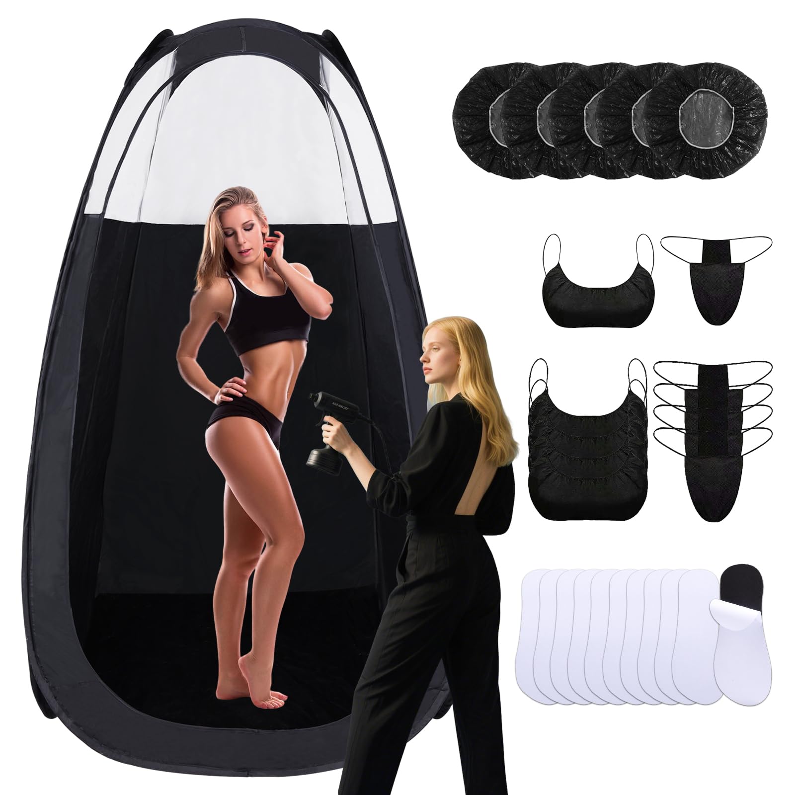 ROMSPRI spray tan tent fully opened for privacy during professional sessions.