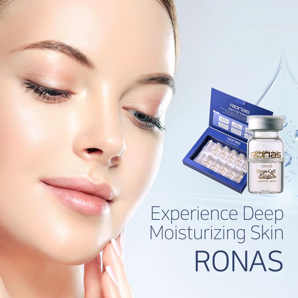 Ronas Stem Cell Solution ampoules being applied to skin during routine.