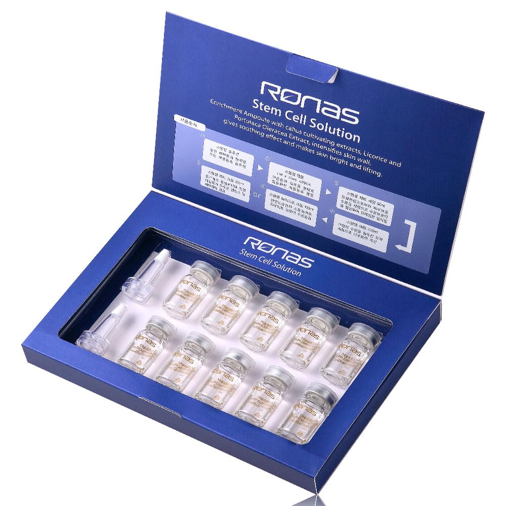 Ronas Stem Cell Solution ampoules label close-up emphasizes plant stem cells and hyaluronic for lasting hydration.