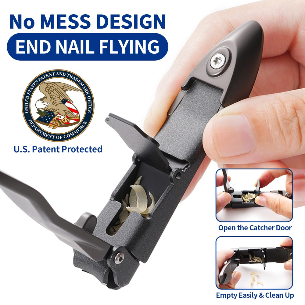 ROOOG No Mess Nail Clippers with Catcher close-up on catcher mechanism for clean results.