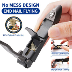 ROOOG No Mess Nail Clippers with Catcher close-up on catcher mechanism for clean results.