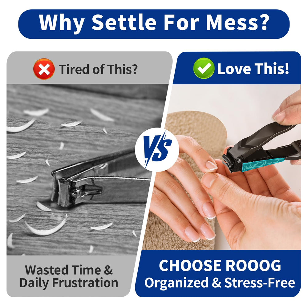 ROOOG No Mess Nail Clippers with Catcher ultra-sharp blades gliding through nails.