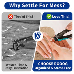ROOOG No Mess Nail Clippers with Catcher ultra-sharp blades gliding through nails.